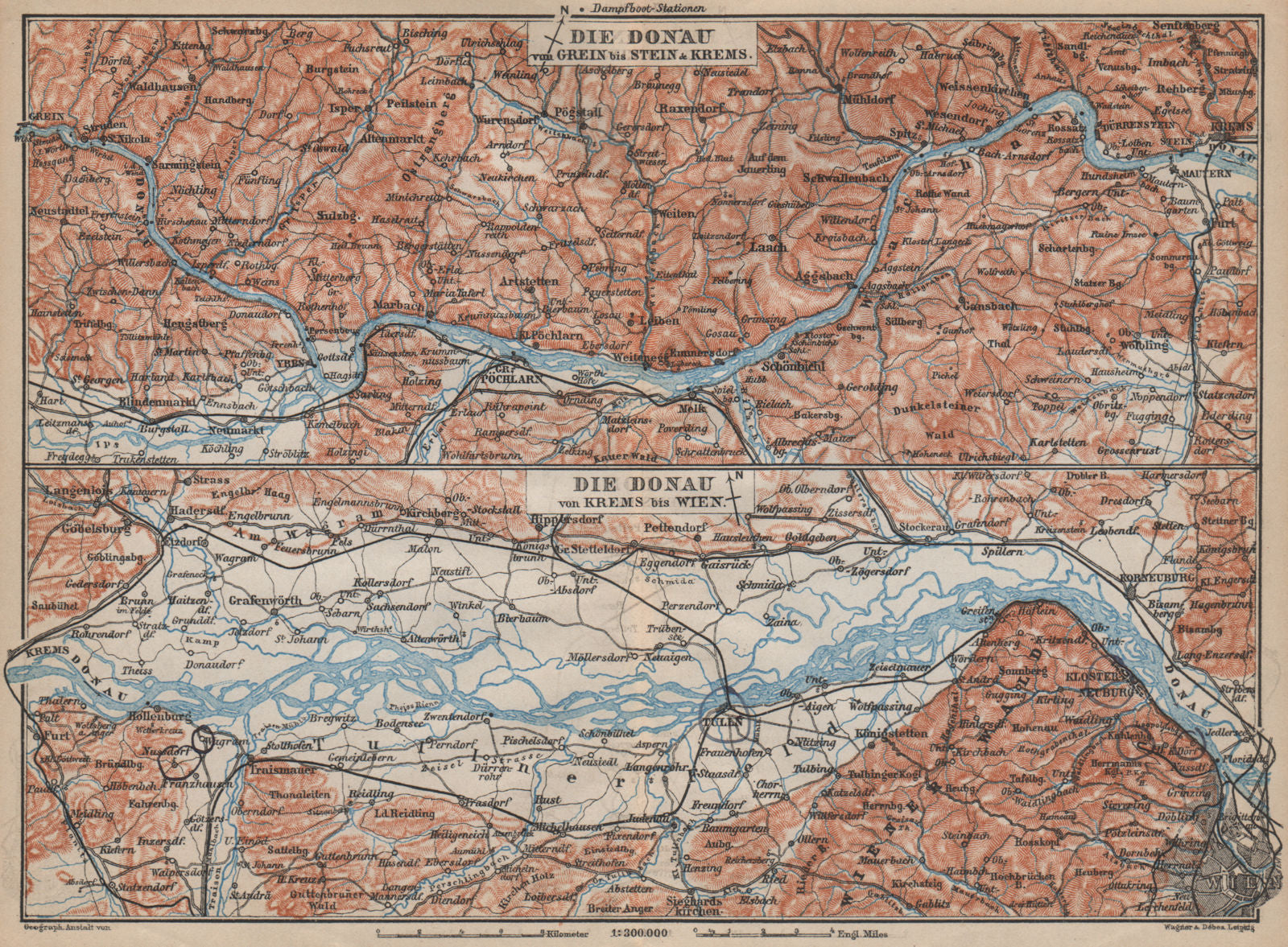 DANUBE DONAU RIVER. Grein-Ybbs-Pochlarn-Melk-Spitz-Krems. Austria 1905 old map